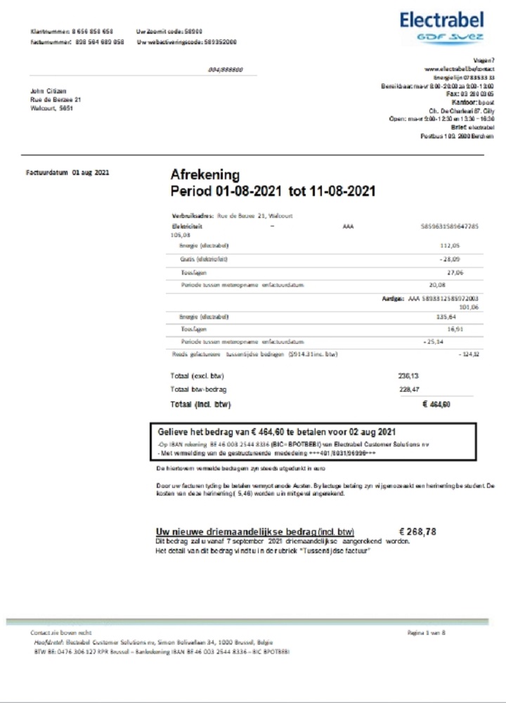Belgium Electrabel electricity utility bill template, fully editable in Word and PDF format
